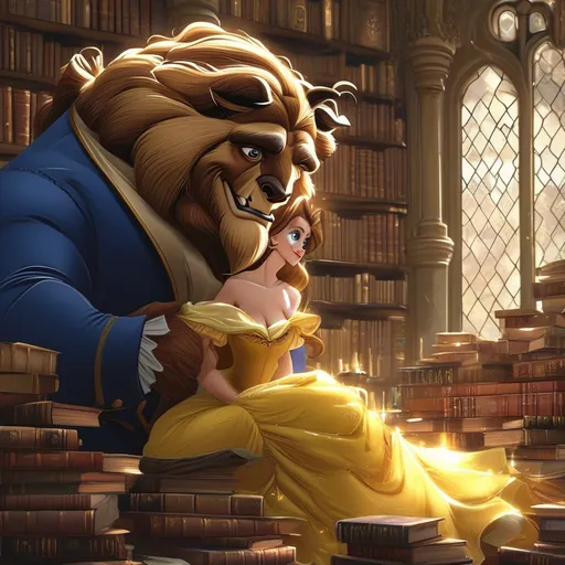 Prompt: belle, beauty and the beast and the beast, Disney princess movie, revealing dress, in a dungeon, cartoon, seductive, face, full body head to toe view, seductive smile, barefoot, in huge castle library, the walls of books reach the ceiling, belle, is laying down on top of a pile of books reading, stained glasses windows are in the background of the enormous library