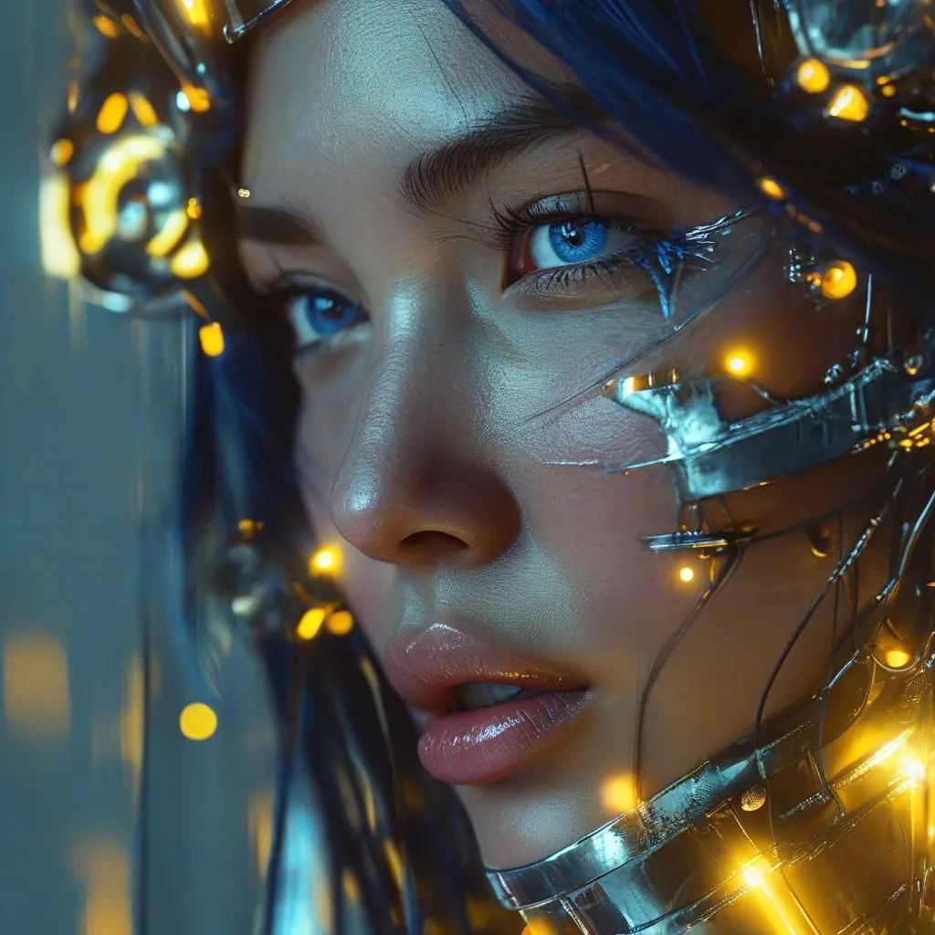 Prompt: Photo of an asian attractive woman, realistic look, slightly kissing mouth, detailed realistic white teeth, disheveled long blue hair,  seductive direct eye contact, open blue detailed eyes, high level of detail, every pore is visible, realistic, 
woman is futuristically transformed into a chrome-plated structure covered in wires. The left blue eye is shown in photo-realistic detail. the right eye futuristic. It is surrounded by silver and gold detailed small shapes against an abstract background that depicts dark yellow tones as dripping paint
background with pastel highlights , individual bright lights, professionally detailed eyes, realistic lighting, high resolution