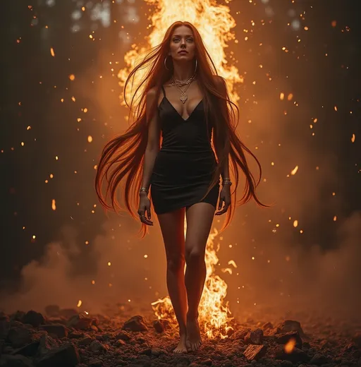 Prompt: Evil female deity, eyes open, seductive smile, long hair reaching down to ankles, hair appears to have flames in it, gold jewelry, beautiful form fitting dress, celestial power radiating, beautiful, dark clothing, short dress, seductive smile barefoot, standing on ground covered in ashes and hot small coals