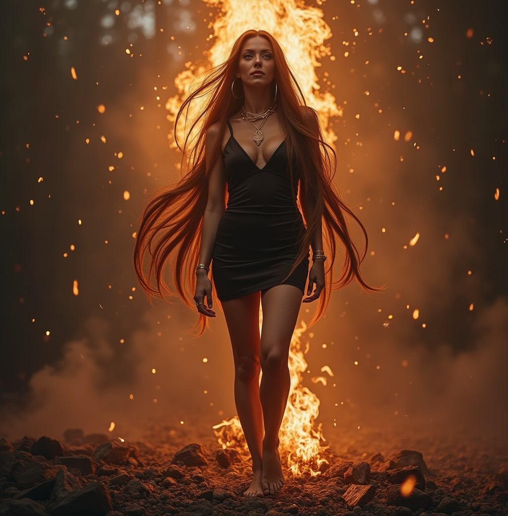 Prompt: Evil female deity, eyes open, seductive smile, long hair reaching down to ankles, hair appears to have flames in it, gold jewelry, beautiful form fitting dress, celestial power radiating, beautiful, dark clothing, short dress, seductive smile barefoot, standing on ground covered in ashes and hot small coals