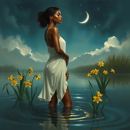 Prompt: a painting of a slender light skinned black woman in a clinging wet cotton shift standing up to her knees in a pond with daffodils and a crescent moon in the background with a morning sky, space art, highly detailed digital painting, a fine art painting