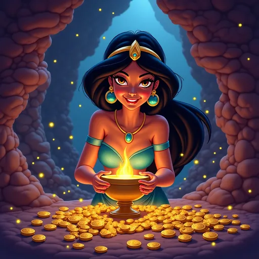 Prompt: Princess Jasmine in a cave filled with gold coins and gems, Princess Jasmine is holding the gold genie lamp, smiling with am evil grin