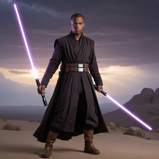 Prompt: (medium full shot) of (jedi)black male, tanned skin, male pantoran,  light brown ski, wearing a black Jedi robe , simple cloth belt, tall leather boots, Jedi communicator, holding two lightsabers with purple blades.  serious face, set in  a compact, agile spaceship, with minimalistic design and the hum of the hyperdrive, a place of speed and agility, at twilight, ,Masterpiece, best quality, photorealistic, amazing quality, very aesthetic, extremely detailed face, lightning storm in background, active war with fighting in background