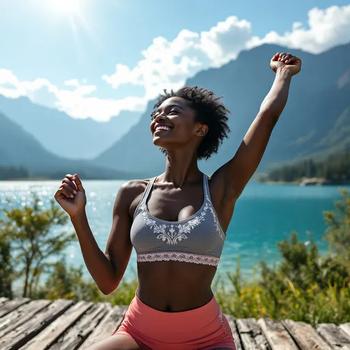 Prompt: A photorealistic scene of a black light skinned woman looking at the sun and smile while the sunlight shining on her face, she rises her hands up ,weathered wooden ground beside a stunning lake, its surface shimmering under the bright blue sky. Behind her, majestic mountains rise, their peaks partly veiled in soft, wispy clouds.  natural sunlight, casting gentle shadows and highlighting the vibrant colors. She wears a stylish gray crop top shirt adorned with delicate white patterns, paired with coral yoga shorts that add a pop of color. The atmosphere is serene and invigorating, capturing a moment of peaceful harmony with nature, with a crisp, clear sky and a tranquil, mirror-like lake reflecting the surrounding landscape in exquisite detail. Art style: cinematic lighting, photorealistic.