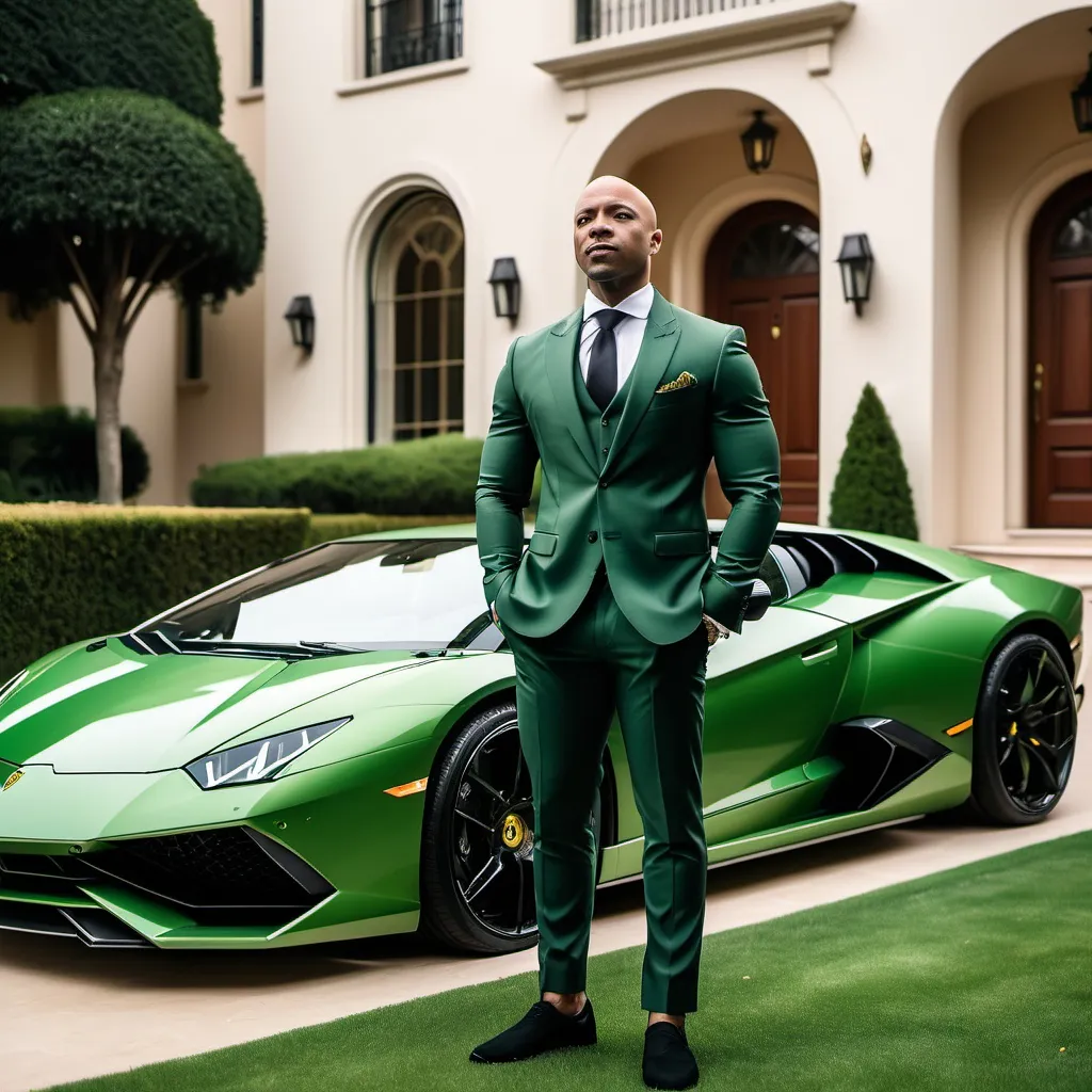 Prompt: A multibillionaire 39 years old light skinned black bald man standing in front ofa green   Lamborghini with one door open upwards, in front of a luxurious mansion, the man is dressed in a stylish tailored fitted suit