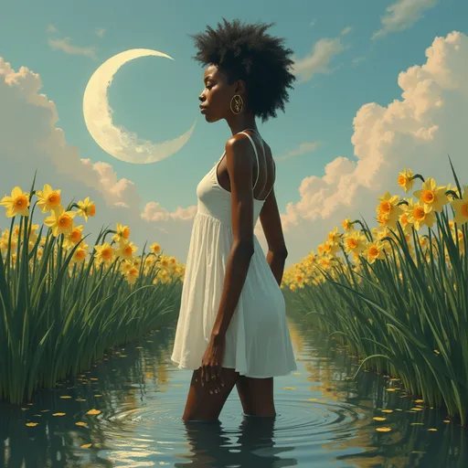 Prompt: a painting of a slender light skinned black woman in a clinging wet cotton shift standing up to her knees in a pond with daffodils and a crescent moon in the background with a morning sky, space art, highly detailed digital painting, a fine art painting