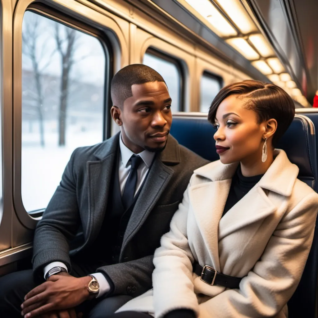 Prompt: A sophisticated mid thirties black couple sitting together on a train, romantic, beautiful light skin woman with short hair, the man is looking out the window, large train window, snowy outside, warm train, Christmas time