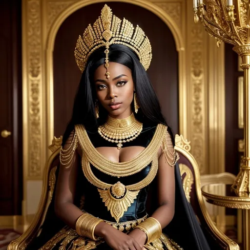 Prompt: Vintage-style portrait of a young, beautiful African woman, rich in dark skin tones and elegant features, elaborate black and gold costume, posing in a luxurious room with distinct gold furniture and an exquisite portrait of Chinwe Chukwuogo-Roy, afrofuturism, elaborate, Egyptian art, vintage, detailed facial features, sophisticated art style, warm, soft lighting, high quality, detailed, rich color palette, opulent atmosphere