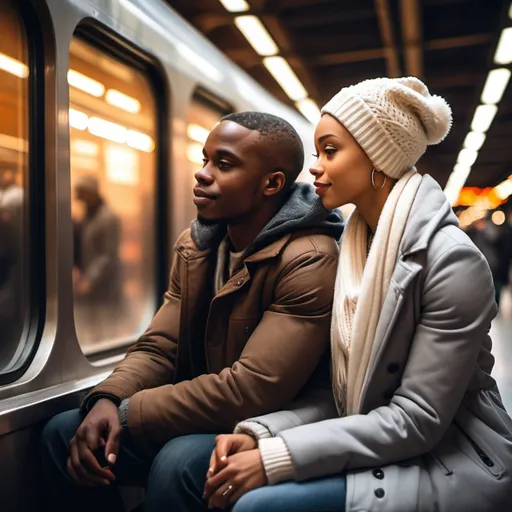 Prompt: A young African American couple sitting together in a train station, romantic, beautiful light skin woman, striking bald man, the man is looking out the window, large train window, snowy outside, warm train, Christmas time, nightime