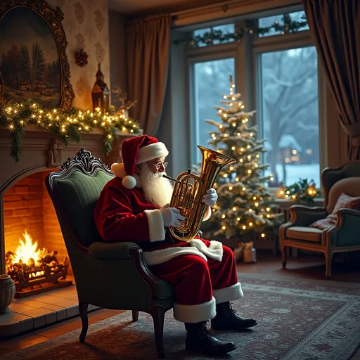 Prompt: Santa Claus is sitting in a living room, Santa is blowing and playing a large tuba, mouthpiece of the tuba on lips, sitting upright, there is a huge fireplace, a eloquently decorated Christmas tree, from outside of a large window it is a snowy night,