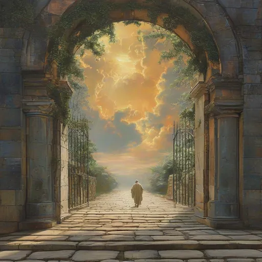 Prompt: A dream of what heaven looks like for a saint, view point of walking in the gates of heaven