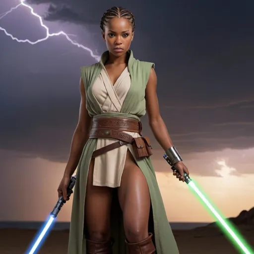 Prompt: (medium full shot) of (jedi)beautiful black woman female pantoran, braided hair, light brown ski, wearing a sleeveless short revealing robe , simple cloth belt,tall leather boots, Jedi communicator, lightsaber with green blade, serious face, set in  a compact, at twilight, ,Masterpiece, best quality, photorealistic, amazing quality, very aesthetic, extremely detailed face, lightning storm in background, full body showing, 