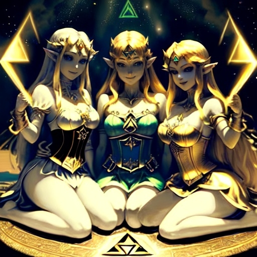 Prompt: The triforce, from “the legend of Zelda”, three golden triangle together form a triangle, heavenly, radiating power, the triforce glows in the sky, Princess Zelda sits on top of the triforce, Zelda is wearing a beautiful corset dress that is short cut, she is barefoot, she has a deviant smile.