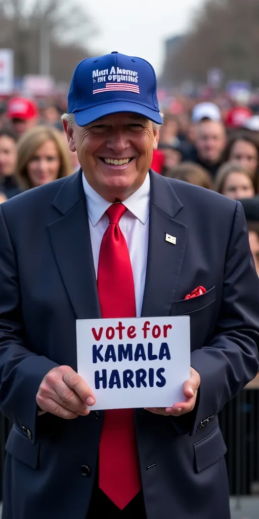 Prompt: Donald Trump wearing a suit with red tie smiling, Trump is standing in a large crowd of people in New York, he is holding a sign saying “vote for Kamala Harris”, he is wearing a blue baseball hat that says “Make America Blue Again” in white letters, Trump is smiling.