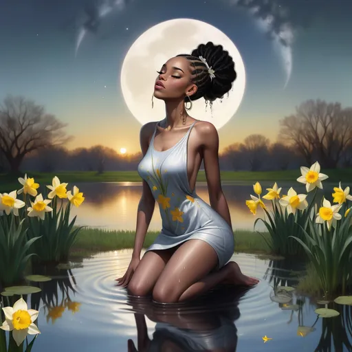 Prompt: a painting of a slender light skinned black woman in a clinging wet cotton shift standing up to her knees in a pond with daffodils and a crescent moon in the background with a morning sky, space art, highly detailed digital painting, a fine art painting