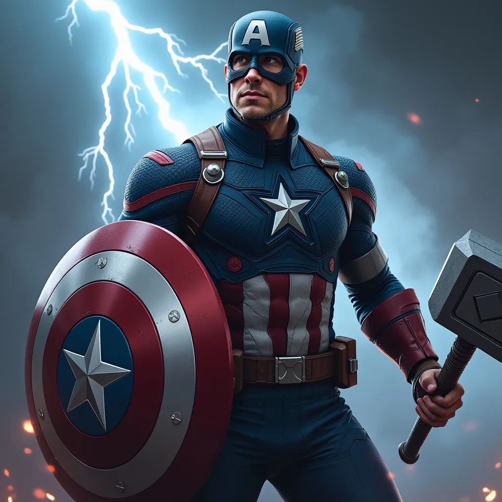 Prompt: Captain America is holding his shield in one hand and holding “Thor’s Hammer” is the other hand, lightning is striking in the background, powerful face