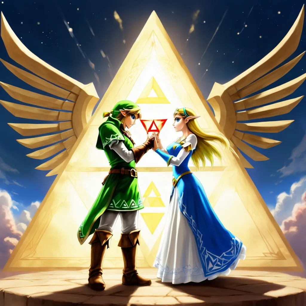 Prompt: The triforce, from “the legend of Zelda”, three golden triangle together form a triangle, heavenly, radiating power, the triforce glows in the sky, Princess Zelda is kissing the knight Link, Zelda is wearing a beautiful corset dress that is short cut, she is barefoot, her hair is long and flowing.