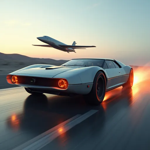 Prompt: Futuristc concept concept car, racing a futuristic airplane, the car is on the ground, the plane is taking off in flight, high speed, flames coming from exhaust, the plane and the car are traveling in the same direction