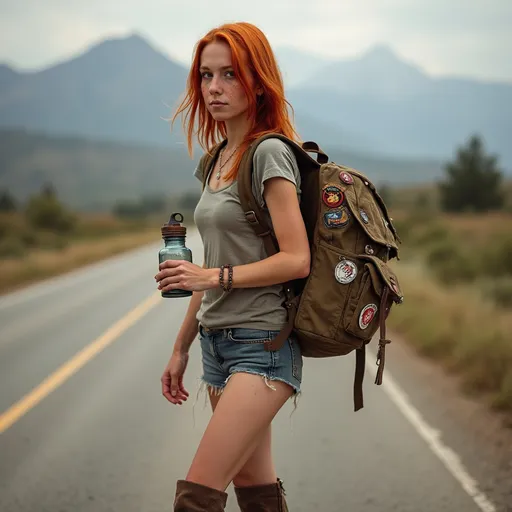 Prompt: Young woman with straight, freckles, knee high boots, holding a rustic water bottle, shoulder length red hair, carrying a large worn backpack with patches and stickers on it, see is wear shorts and a tight t shirt, walking alongside a remote road, hitchhiker