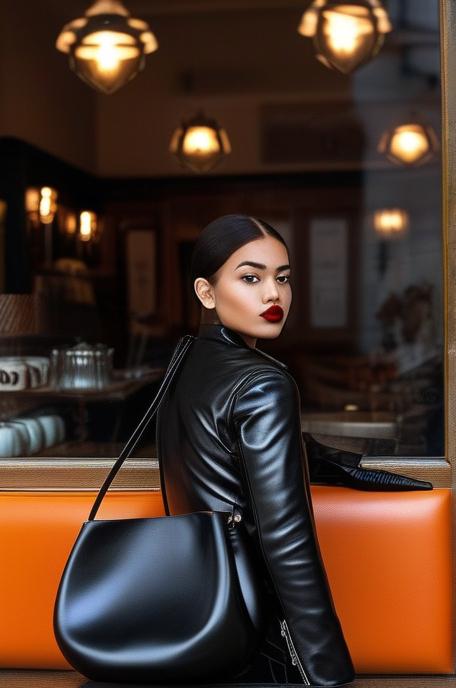 Prompt: Beautiful creased black leather blazer with a glossy patina on a beautiful young black woman, striking jumbo lips, jacket reflecting orangish background light in its creases, tight black leather gloves, large creased soft black leather hobo bag at her side, waiting in a English tea house