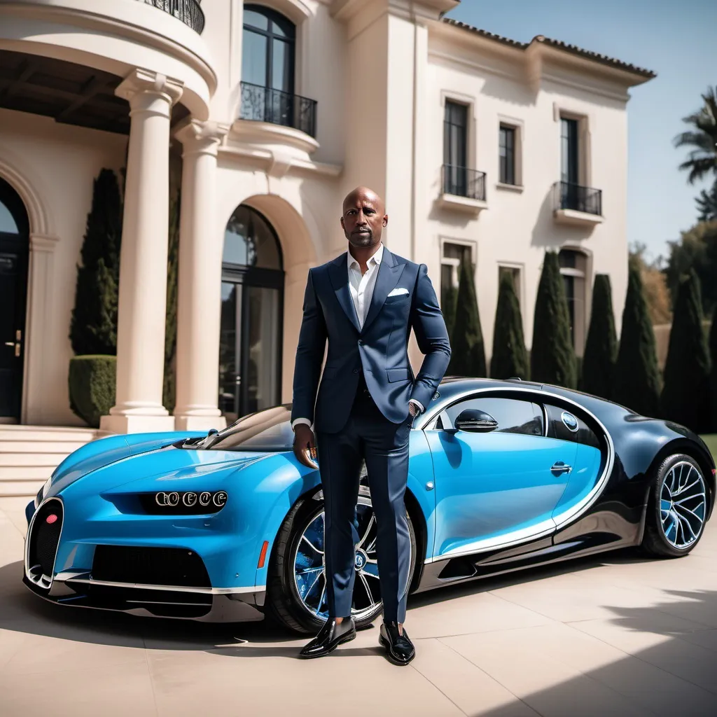 Prompt: A multibillionaire 39 years old black bald man standing in front of a blue Bugatti Centodieci and in front of a luxurious mansion, the man is dressed in a stylish tailored fitted suit