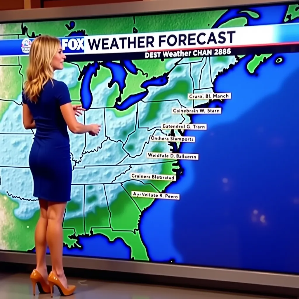 Prompt: Weather lady presenting the forecast on TV, fox weather channel, showing the temperatures in different cities on a map, there are snowy conditions on the map, the lady is in a form fitting short blue dress, she has on tan colored very tall high heels