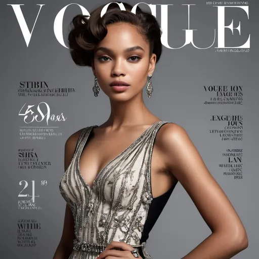 Prompt: High-end fashion Vogue magazine cover, (stylish light skin Black model) posing confidently, glamorous high-fashion dress, elegant accessories, captivating facial features, soft lighting with a luxurious feel, muted color palette, chic background with designer elements, (ultra-detailed) composition, trendy layouts, dramatic title “Vogue” (magazine within a magazine aesthetic).