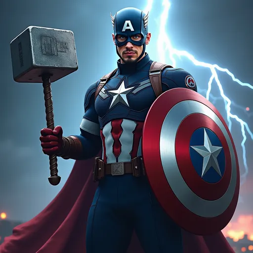 Prompt: Captain America is holding his shield in one hand and holding “Thor’s Hammer” is the other hand, lightning is striking in the background, powerful face