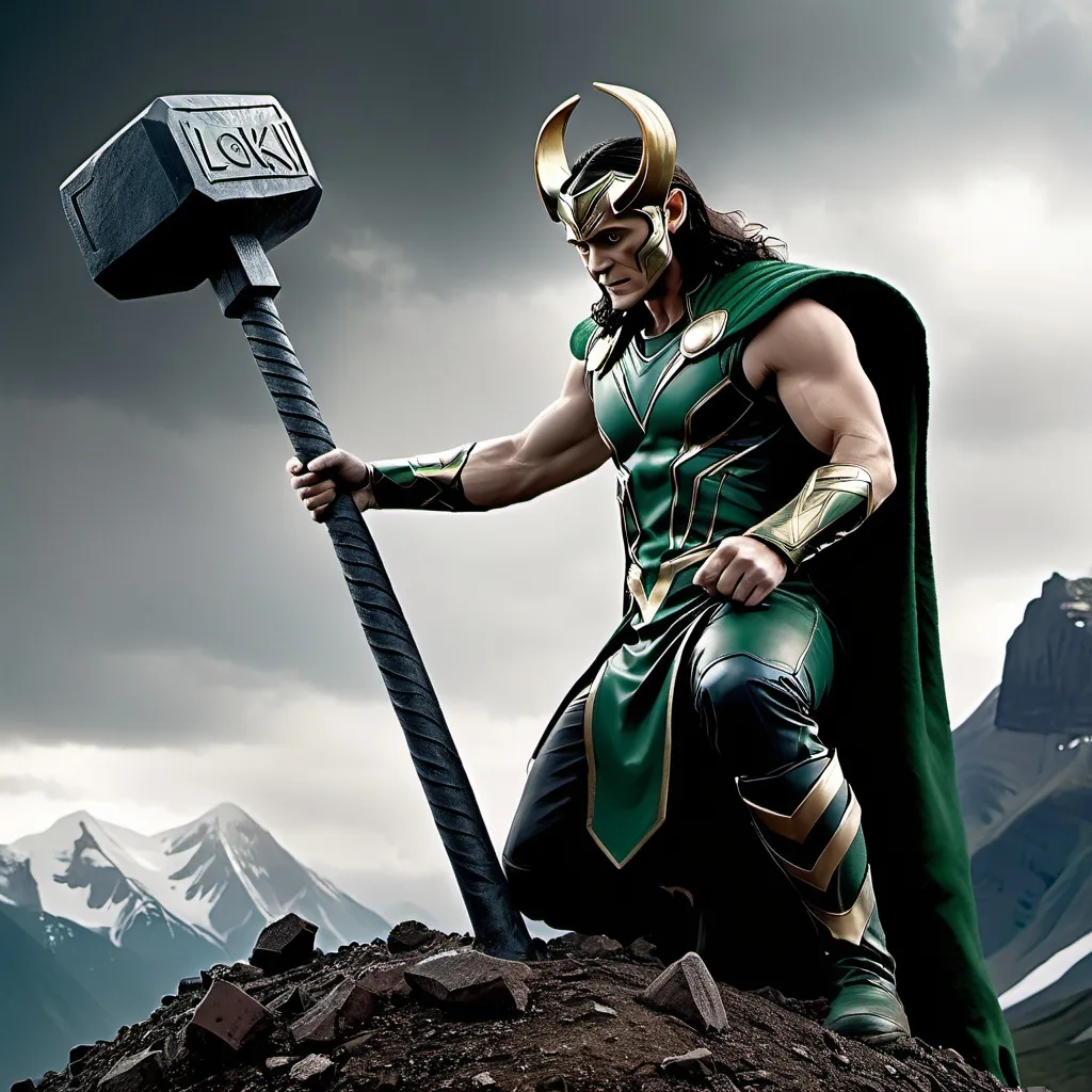 Prompt: Loki “super villain” is on a remote mountain, Thor’s hammer is wedged tight in the ground, Loki is grabbing the handle of the Hammer trying to pull it out of the ground