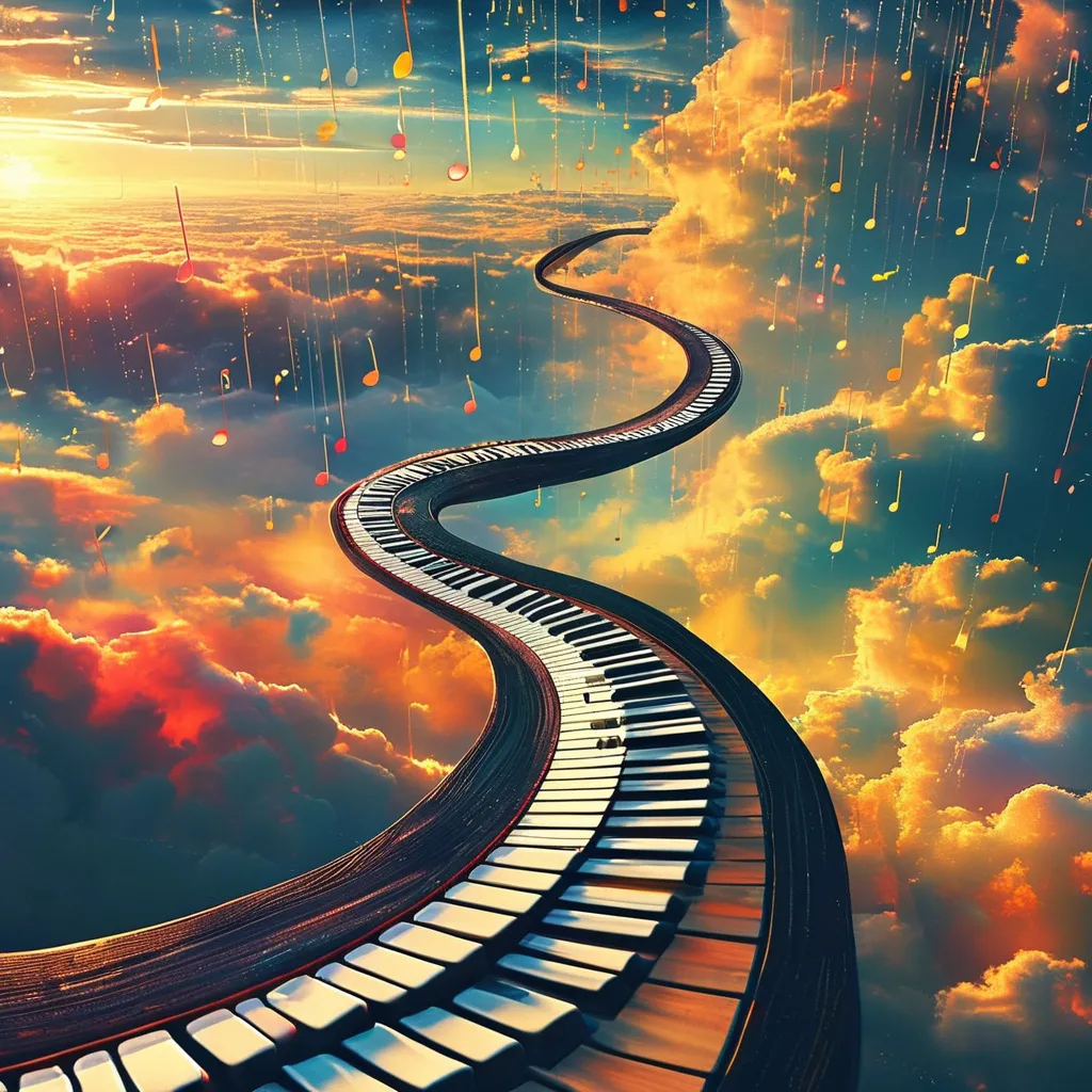 Prompt: A long curvy road made of piano keys, the road is floating in the cosmos in space, colorful music notes are raining from the clouds above