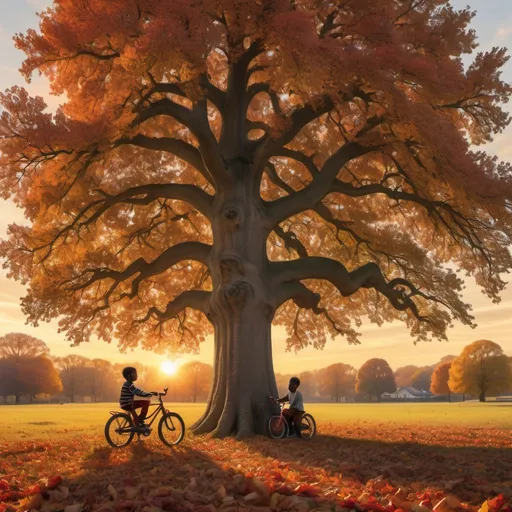 Prompt: Huge oak tree in large field, autumn, leaves are red, yellow, brown and fall colors, the sun is setting, leaves cover the grass field, a bicycle is on the ground in the leaves, a young black boy is sitting under the tree playing guitar,