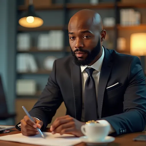 Prompt: (photorealistic), professional office setting, bald black man in business attire (suit and tie), focused expression, casual desk elements like a laptop and stationery, vibrant colors, warm ambient lighting, high attention to detail, clean and organized workspace, sophisticated atmosphere, ultra-detailed, 4K quality, captures the essence of a diligent work environment.