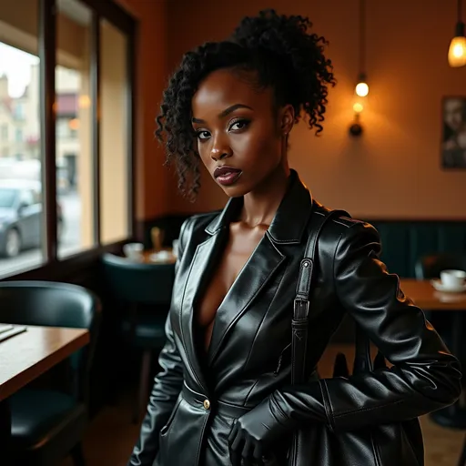 Prompt: Beautiful creased black leather blazer with a glossy patina on a beautiful young biracial black woman, striking jumbo lips, jacket reflecting orangish background light in its creases, tight black leather gloves, large creased soft black leather hobo bag at her side, waiting in a English tea house.