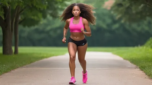 Prompt: masterpiece, best quality, black woman, tanned, skin, brown eyes, long hair, thick thighs, jogging on path, short tight shorts, very short shorts, pink running shoes, full body showing, side view picture