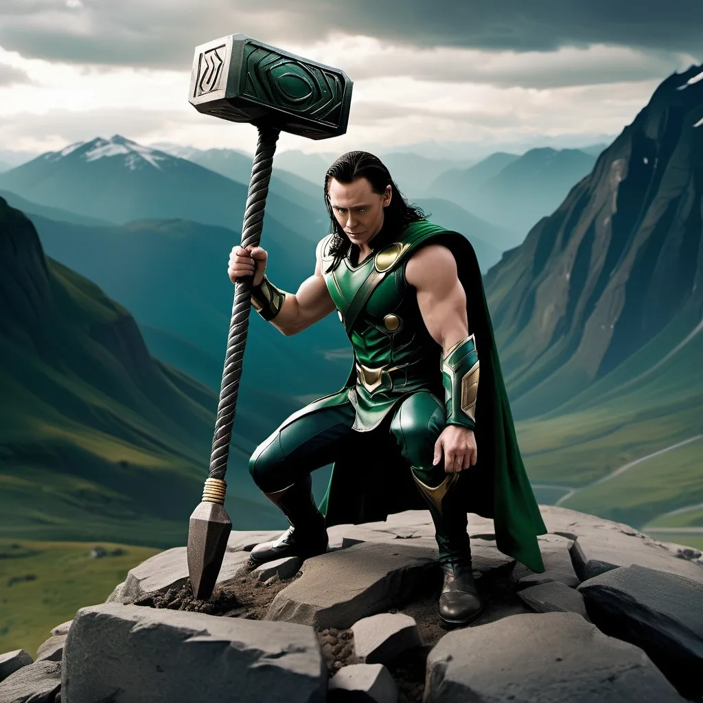 Prompt: Loki “super villain” is on a remote mountain, Thor’s hammer is wedged upside down tight in the ground, Loki is grabbing the handle of the Hammer failing to pull it out of the ground