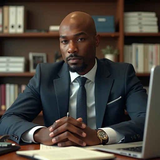 Prompt: (photorealistic), professional office setting, bald black man in business attire (suit and tie), focused expression, casual desk elements like a laptop and stationery, vibrant colors, warm ambient lighting, high attention to detail, clean and organized workspace, sophisticated atmosphere, ultra-detailed, 4K quality, captures the essence of a diligent work environment.