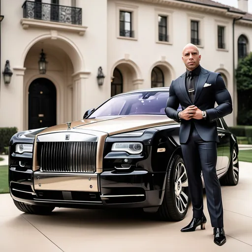 Prompt: A multibillionaire 39 years old light skinned black bald man standing in front rolls Royce phantom in front of a luxurious mansion, with gorgeous short, light skinned black woman with shoulder length hair, the woman has on a black short dress and high heels, the man is dressed in a stylish tailored fitted suit