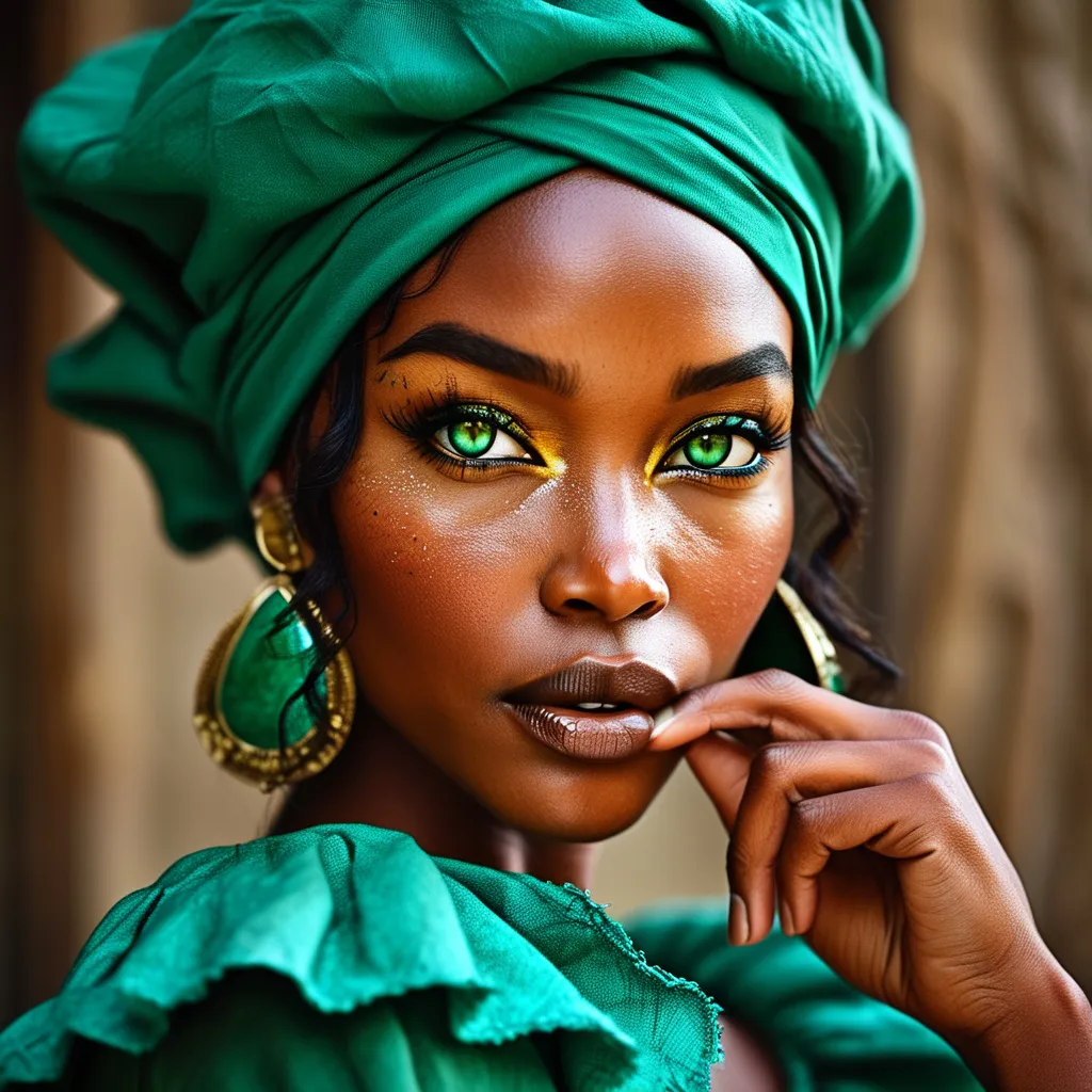 Prompt: African Esmeralda (The Hunchback of Notre-Dame), mysterious smile, full body view, memorizing green eyes, finger index finger is over her lips "secret"