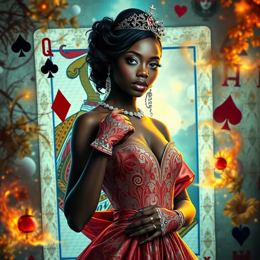 Prompt: fantasy princess, (vibrant colors), (detailed features), slender small waist, 30-year-old light skinned black woman, wearing a (sequence patterned empire dress),, adorned with glamorous gloves, queen playing card, (emerging from a life-size playing-card canvas), enchanting atmosphere, whimsical background, dynamic composition, ultra-detailed, 4K quality, a sense of magic and wonder.