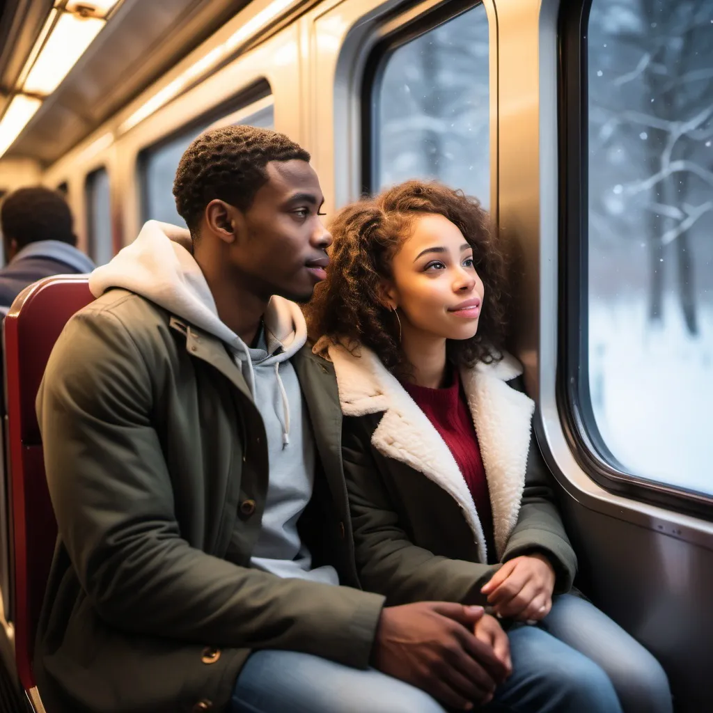 Prompt: A young mid college aged African American couple sitting together on a train, romantic, beautiful light skin woman, the man is looking out the window, large train window, snowy outside, warm train, Christmas time, nightime