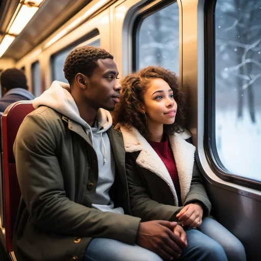 Prompt: A young mid college aged African American couple sitting together on a train, romantic, beautiful light skin woman, the man is looking out the window, large train window, snowy outside, warm train, Christmas time, nightime