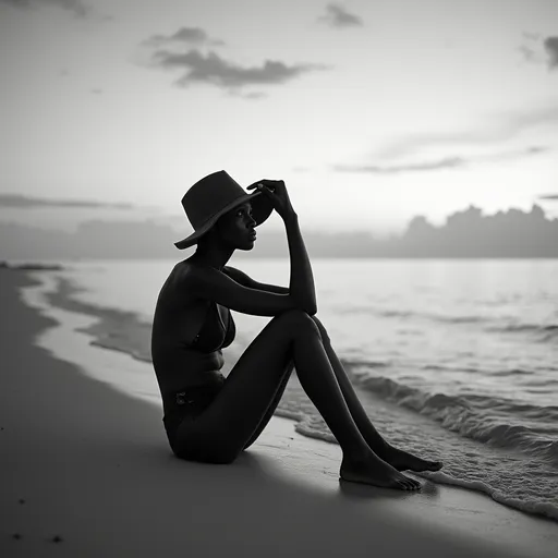 Prompt: A solitary black bald woman  sits on a sandy beach, framed against a tranquil seascape, as gentle waves lap at the shore. The scene, rendered in striking black and white, highlights the model's long, graceful limbs and relaxed posture, with her legs crossed and arms gently cradling her head beneath a wide-brimmed hat. Feet are visible in photo. Wispy clouds weave across the expansive sky, hinting at the fading light of dusk, which casts a soft glow over the water’s surface, enhancing the serene atmosphere. This intimate capture evokes a sense of solitude and reflection, drawing the viewer into a moment of peaceful introspection by the sea.