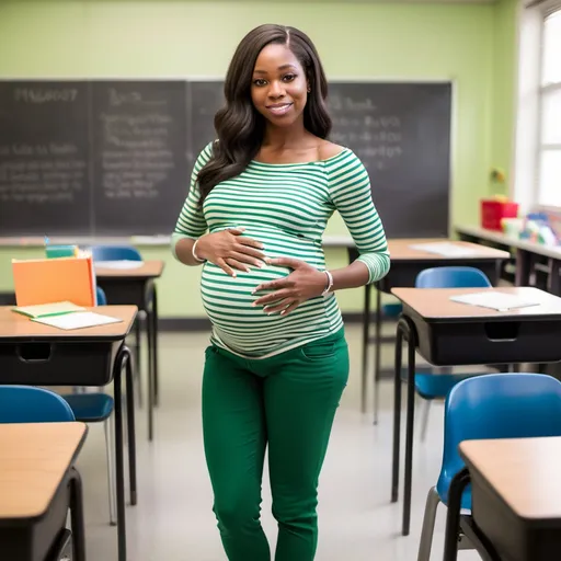 Prompt: Pregnant black woman, straight shoulder length hair, wearing a green and white striped shirt and tight green pants, barefoot in classroom