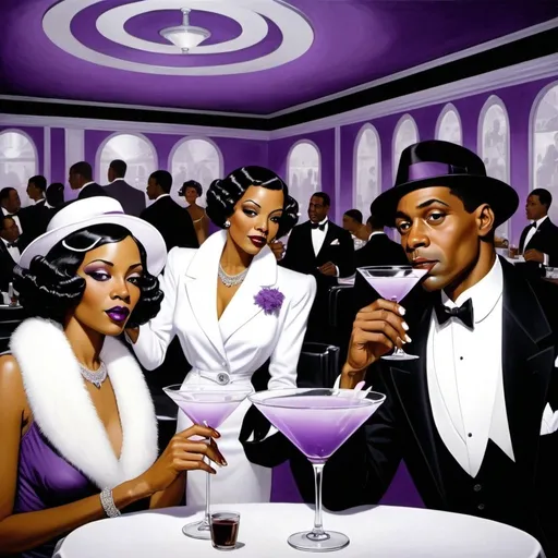 Prompt: Harlem soul food art deco restaurant withAfricanAmericans dining drinking extra large martinis dressed in all white with a purple and black background 