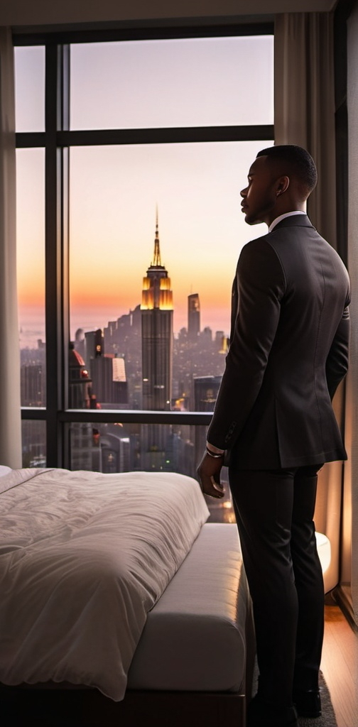 Prompt: a nice city bedroom and make the time night also the bedroom lights are off and make it cozy and modern with a city view with  a sunset, black man looks out window, well dressed in suit, side view