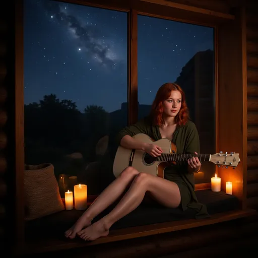 Prompt: Beautiful red head 18 year old young woman sitting in a large window sil seat, playing acoustic guitar by the window, it is a very dark star filled night, the acoustic guitar has a white colored wood finish, candlelit room the girl is wearing very short shorts, she is barefoot, her feet are showing, she is wearing a loosely fitting dark green shirt, the shirt is low cut, zoomed out view full body, she is in a log cabin house, head to toe view, feet in view