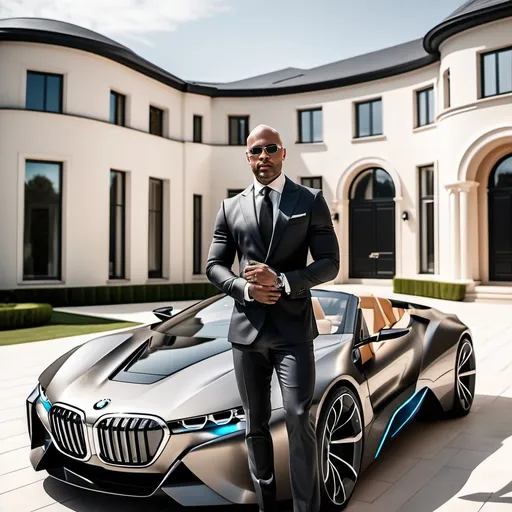 Prompt: A multibillionaire 39 years old light skinned black bald man standing in futuristic concept car bmw in front of a luxurious mansion,the man is dressed in a stylish tailored fitted suit