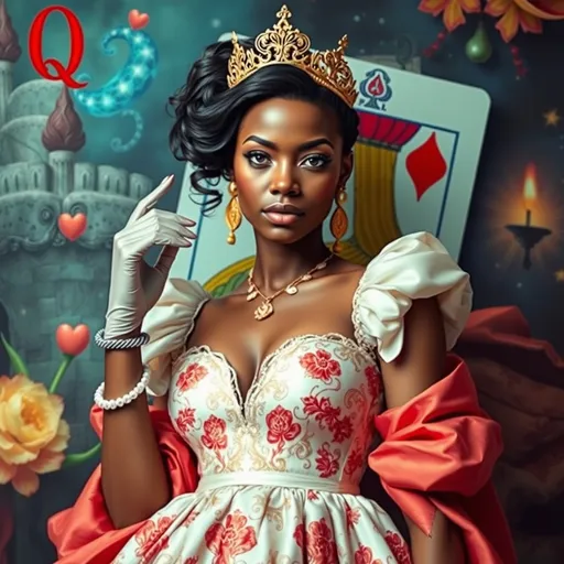 Prompt: fantasy princess, (vibrant colors), (detailed features), slender small waist, 30-year-old fair light skinned black woman, wearing a (sequence patterned empire dress),, adorned with glamorous gloves, queen playing card, (emerging from a life-size playing-card canvas), enchanting atmosphere, whimsical background, dynamic composition, ultra-detailed, 4K quality, a sense of magic and wonder.