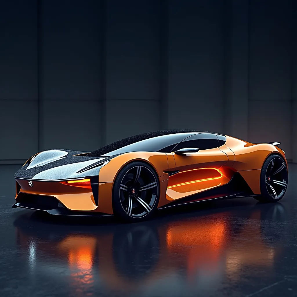 Prompt: Futuristic Jaguar concept car at night, metal flared skeleton walls, sustainable design, orange and dark gray gradient, organically shaped body, electric, clear