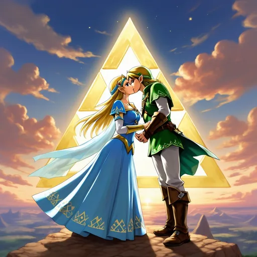 Prompt: The triforce, from “the legend of Zelda”, three golden triangle together form a triangle, heavenly, radiating power, the triforce glows in the sky, Princess Zelda is kissing the knight Link, Zelda is wearing a beautiful corset dress that is short cut, she is barefoot, her hair is long and flowing.